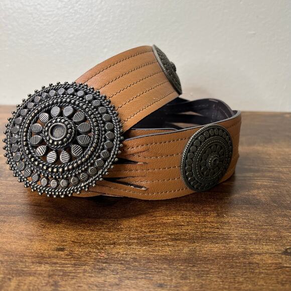 Chico\'s Concho Belt Womens Leather Wide Brown Bohemian Western Hippie Adjustable main image 8